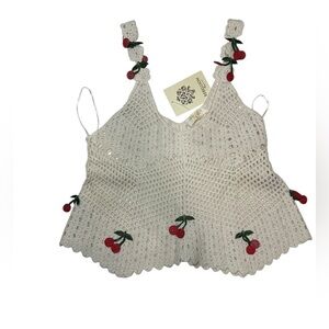 Rebellion Again Women’s Ivory 100% Cotton Sleeveless Top Crochet Cherry Size M